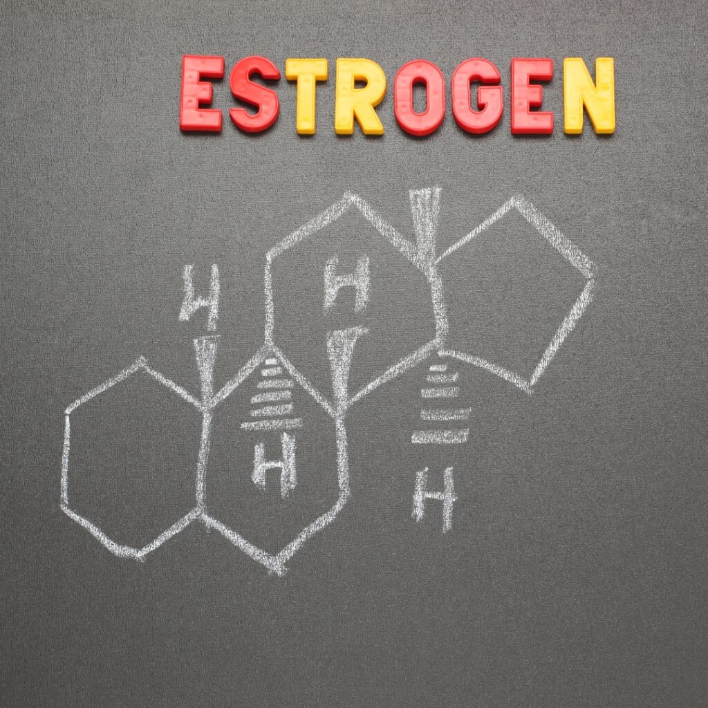 The word "ESTROGEN" in colorful block letters above a chalk drawing of a chemical structure on a blackboard.