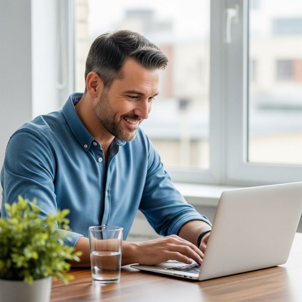 A healthy and focused man in working on a laptop, looking energized and revitalized.