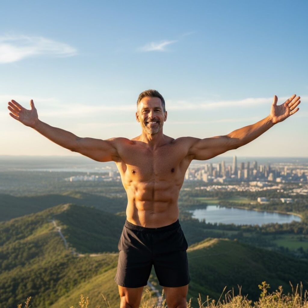 A fit, happy man stands with arms outstretched on a mountain peak