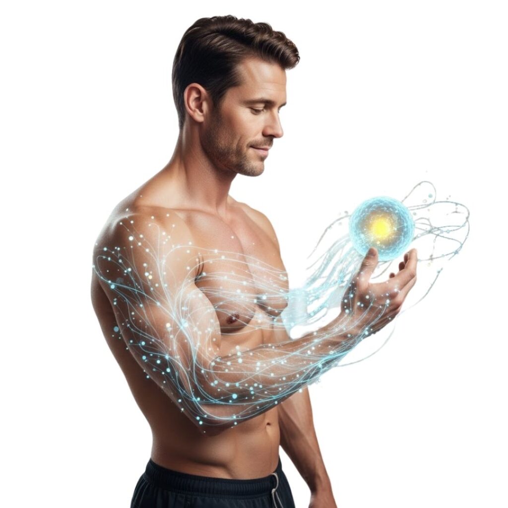A fit man looks at his arm, which features a subtle, glowing pattern representing the intricate network of peptides as messengers