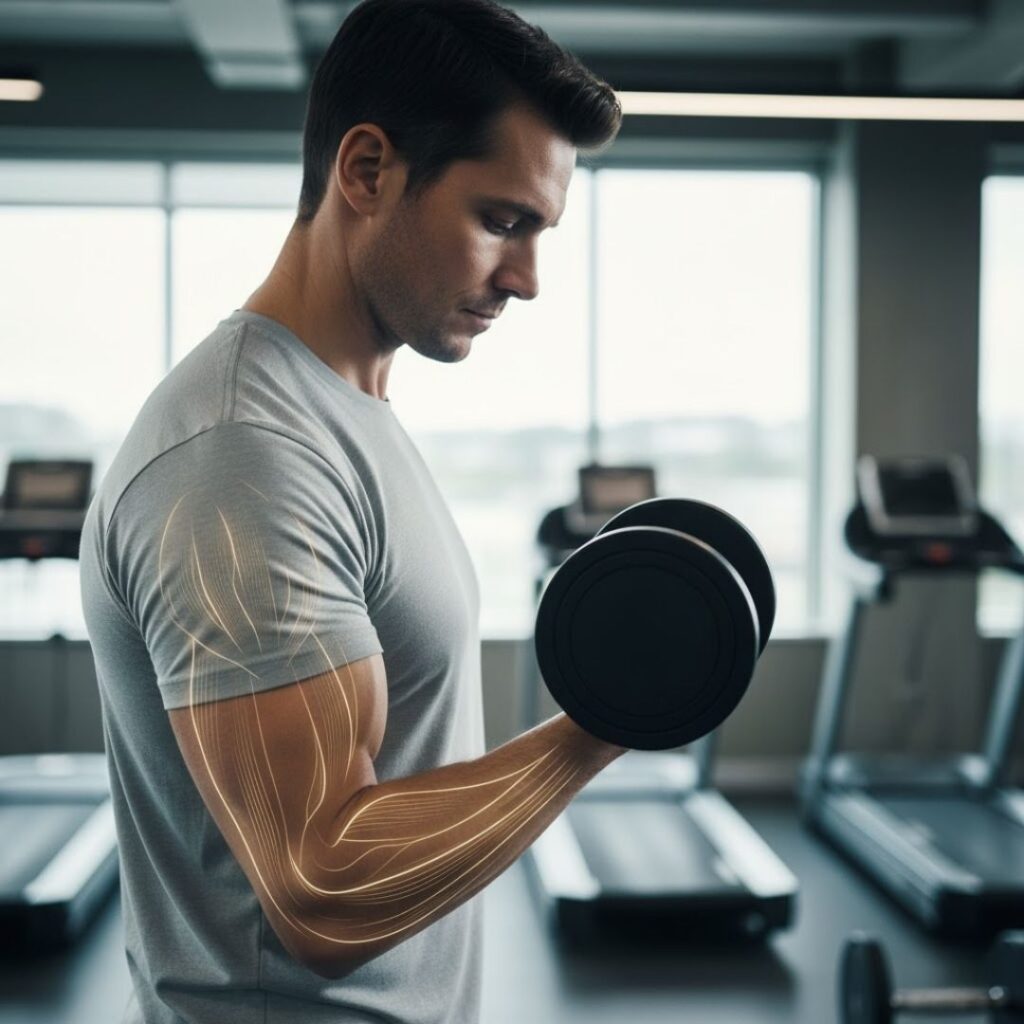 a man lifting a weight with glowing connections going up his arm