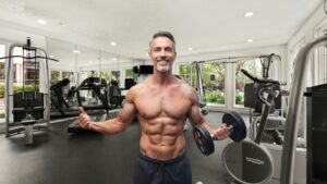 a fit man's broad physique on the left and a detailed, glowing network of pathways on the right, representing hormones and peptides