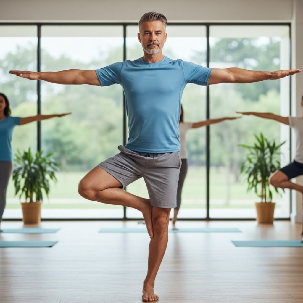 A fit man holds a balanced yoga pose in a modern gym