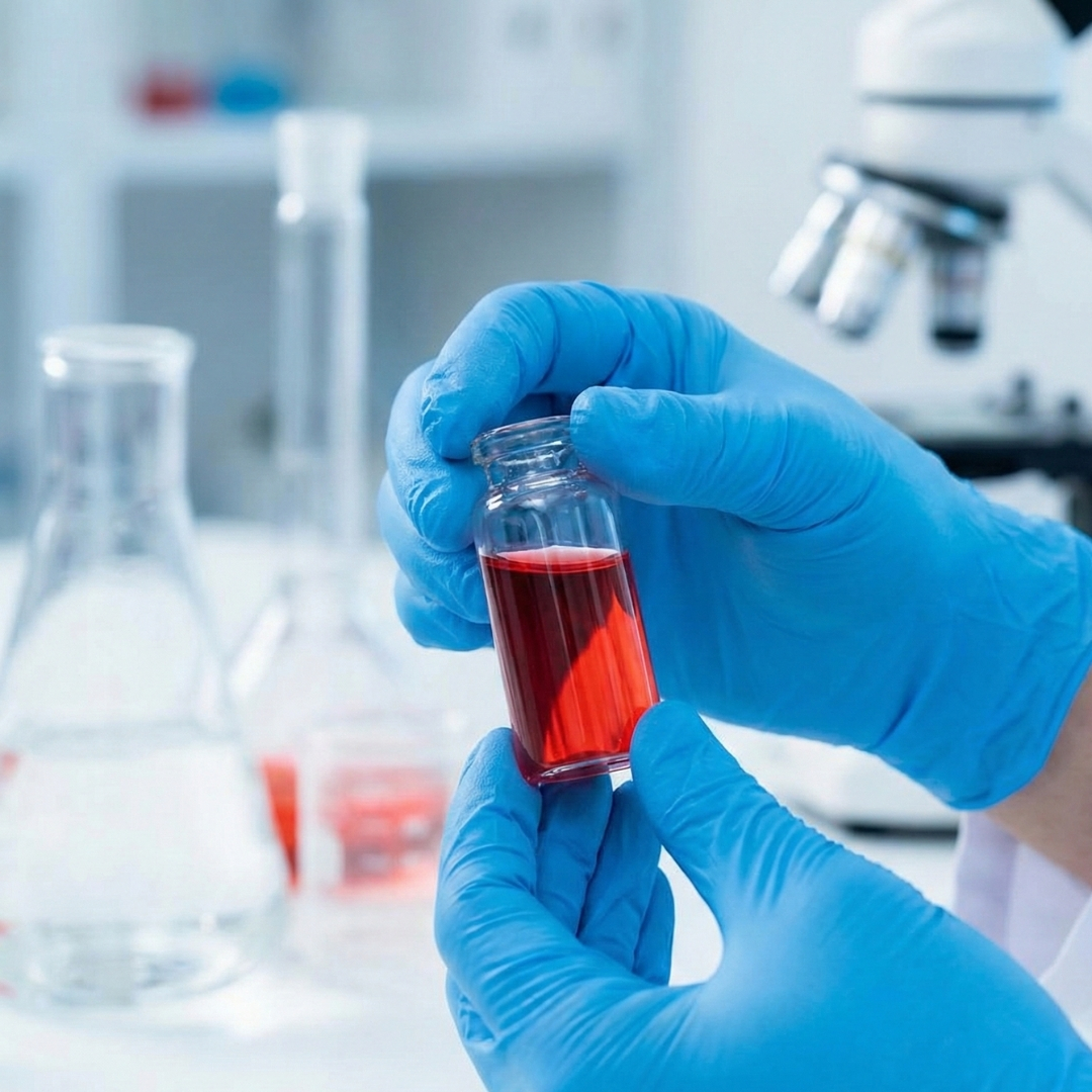a scientist's gloved hands holding a vial in a lab