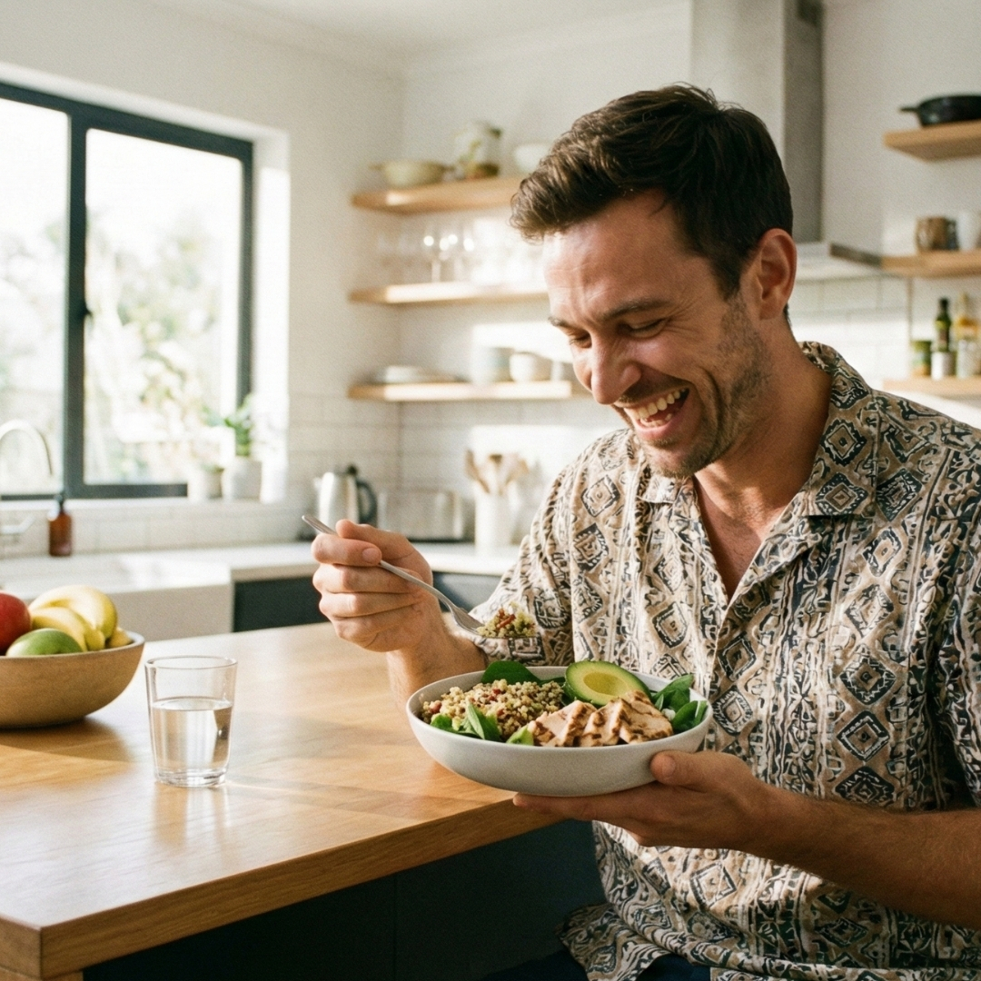 a man eating a healthy meal in a kitchen
