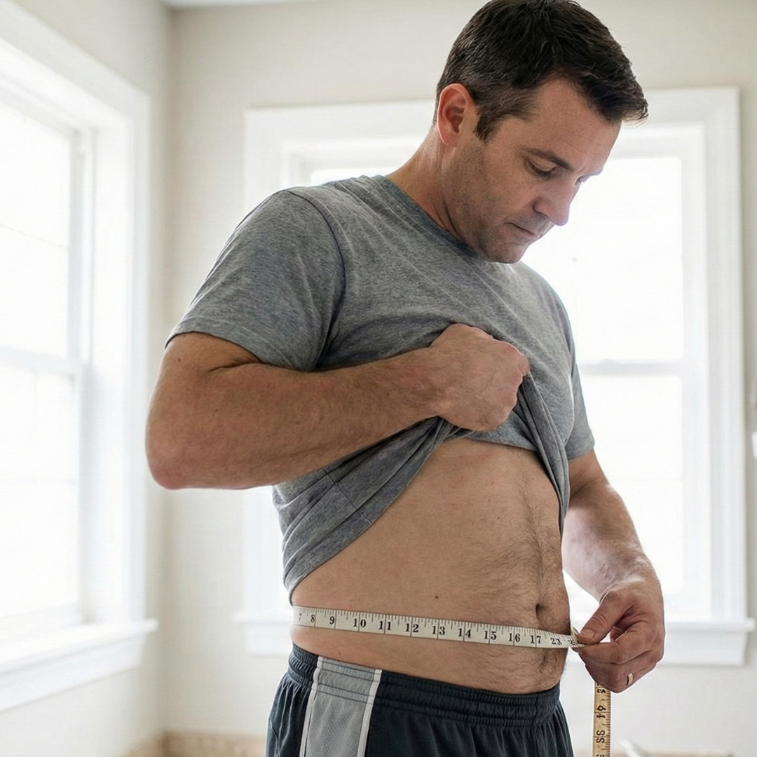 a man measures his waist with a tape