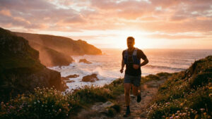 a man runs along a coastal path at sunrise