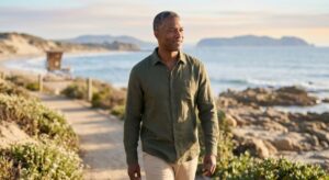 man walking by ocean