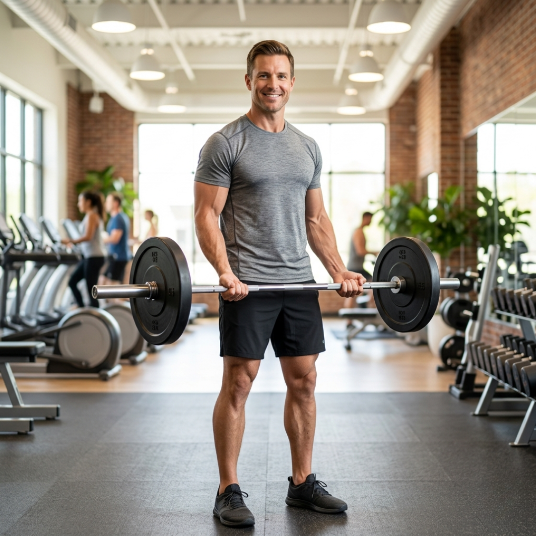 A fit man exercising in a gym, highlighting the enhanced muscle recovery and strength from peptide treatments.