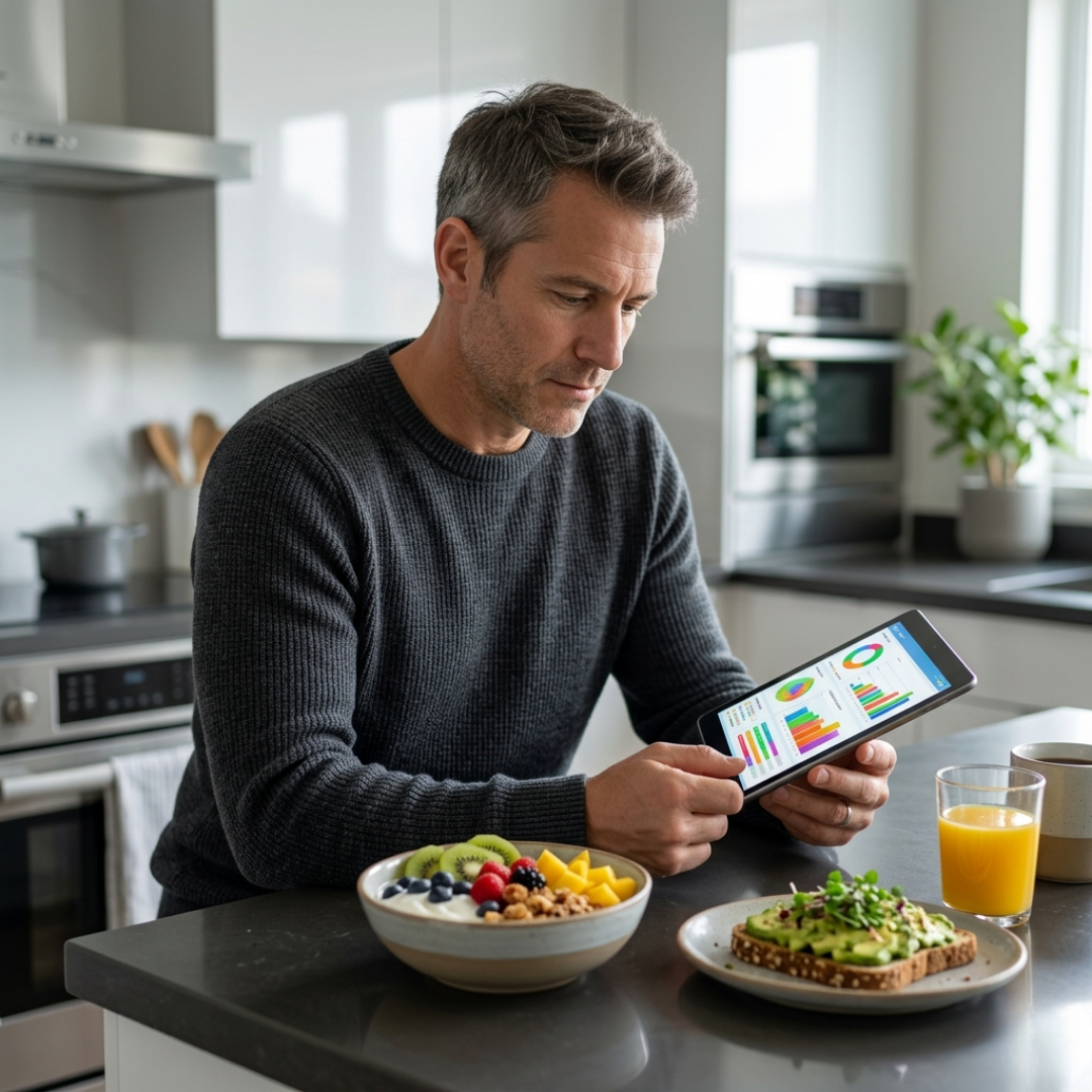 A man reviewing a health plan at breakfast, illustrating the personalized approach to wellness and nutrition.