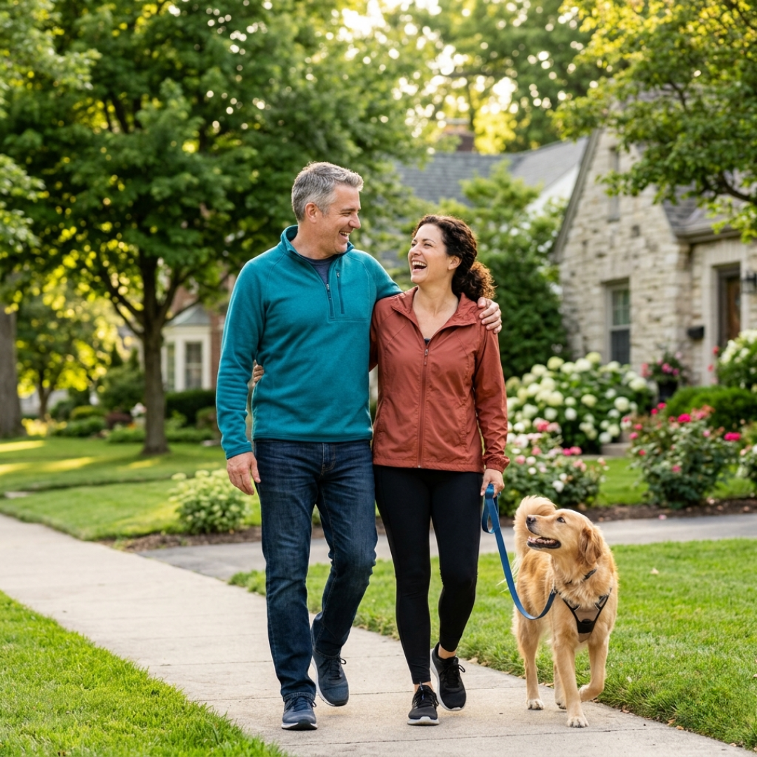 A happy couple walking a dog, demonstrating the overall lifestyle improvements and vibrant health gained from our clinic.