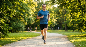 A healthy man jogging outdoors, showcasing the energy and vitality achieved through peptide therapy.